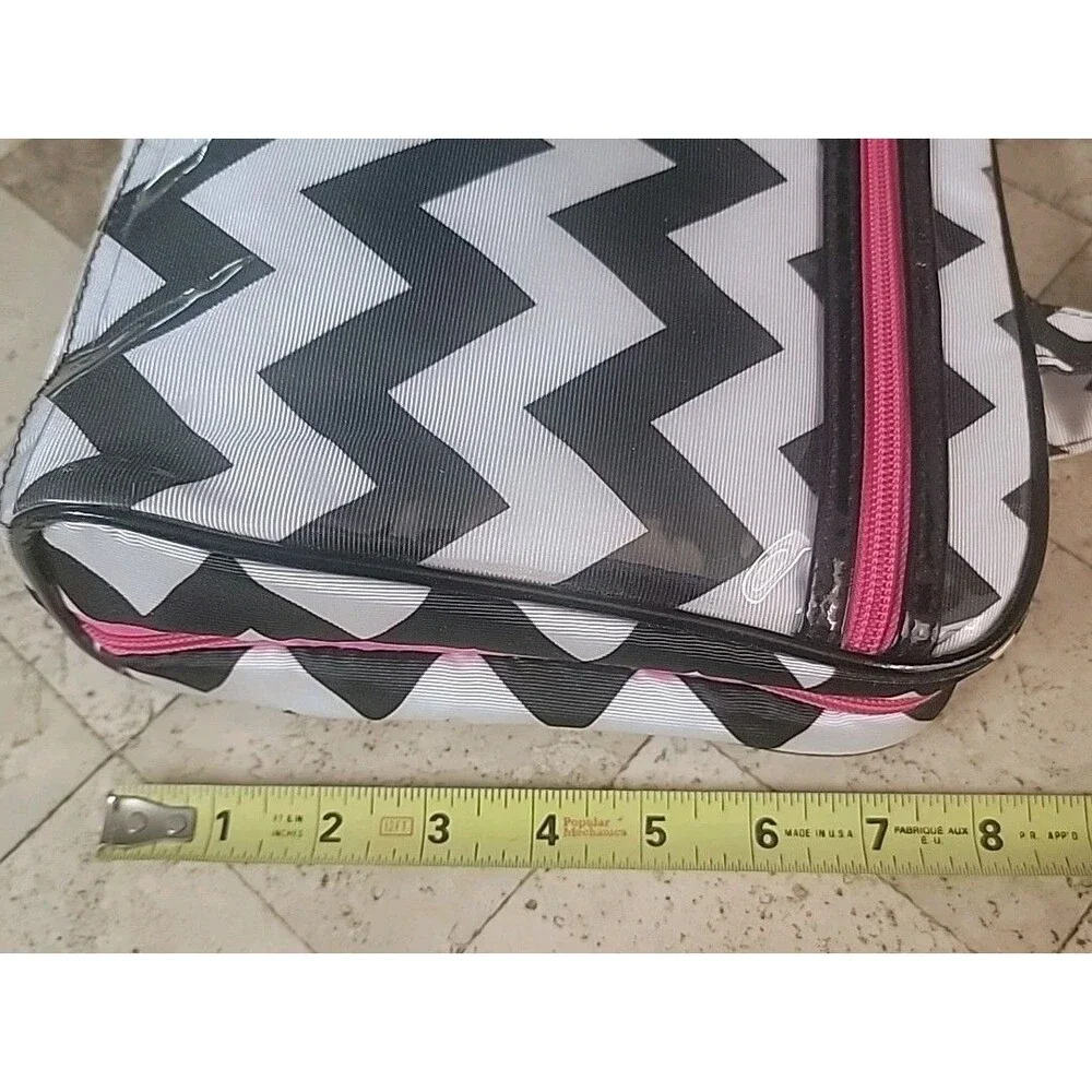 NWT 4‑Piece Makeup Travel Bag Set Pink & Black Chevron Cosmetic Organizer